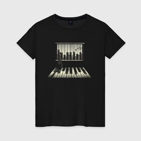 Женская футболка хлопок с принтом Город музыки в Курске, 100% хлопок | прямой крой, круглый вырез горловины, длина до линии бедер, слегка спущенное плечо | urban | гитара | город | город музыки | звуки | клавиши | минимализм | музыка | пианино | птицы | рояль
