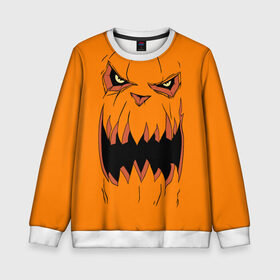 Детский свитшот 3D с принтом Halloween в Курске, 100% полиэстер | свободная посадка, прямой крой, мягкая тканевая резинка на рукавах и понизу свитшота | Тематика изображения на принте: halloween | orange | pumpkin | scary | оранжевая | страшная | тыква | ужас | хэллоуин