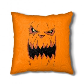Подушка 3D с принтом Halloween в Курске, наволочка – 100% полиэстер, наполнитель – холлофайбер (легкий наполнитель, не вызывает аллергию). | состоит из подушки и наволочки. Наволочка на молнии, легко снимается для стирки | Тематика изображения на принте: halloween | orange | pumpkin | scary | оранжевая | страшная | тыква | ужас | хэллоуин