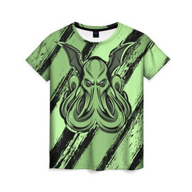 Женская футболка 3D с принтом Ктулху в Курске, 100% полиэфир ( синтетическое хлопкоподобное полотно) | прямой крой, круглый вырез горловины, длина до линии бедер | cthulhu | божество | кракен | лавкрафт | миф | монстр | океан | чудовище