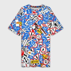 Платье-футболка 3D с принтом Дорожные знаки. Стикербомбинг в Курске,  |  | stickerbombing | гаи | гибдд | дорога | дпс | знак | паттерн | пдд | правила
