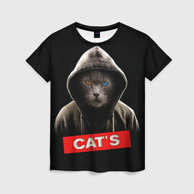 Женская футболка 3D с принтом Кот в Курске, 100% полиэфир ( синтетическое хлопкоподобное полотно) | прямой крой, круглый вырез горловины, длина до линии бедер | cat | глаза | животные | капюшон | кот | котенок | кошка | природа | хулиган