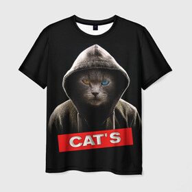 Мужская футболка 3D с принтом Кот в Курске, 100% полиэфир | прямой крой, круглый вырез горловины, длина до линии бедер | Тематика изображения на принте: cat | глаза | животные | капюшон | кот | котенок | кошка | природа | хулиган