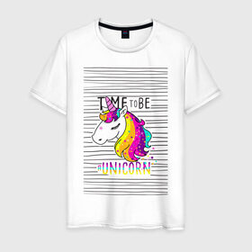 Мужская футболка хлопок с принтом Радуга Единорога в Курске, 100% хлопок | прямой крой, круглый вырез горловины, длина до линии бедер, слегка спущенное плечо. | rainbow | unicorn | время быть единорогом | равенство | радуга | радуга флаг