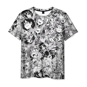 Мужская футболка 3D с принтом Manga ahegao в Курске, 100% полиэфир | прямой крой, круглый вырез горловины, длина до линии бедер | Тематика изображения на принте: ahegao | manga | ахегао | комиксы | лицо | манга | паттрен | чернобелый | эмоции