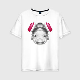 Женская футболка хлопок Oversize с принтом Хрюня в противогазе в Курске, 100% хлопок | свободный крой, круглый ворот, спущенный рукав, длина до линии бедер
 | breaking bad | во все тяжкие | джесси пинкман | свинка | свинья