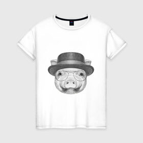 Женская футболка хлопок с принтом Свинка в шляпке в Курске, 100% хлопок | прямой крой, круглый вырез горловины, длина до линии бедер, слегка спущенное плечо | breaking bad | во все тяжкие | свинка | свинья | уолтер уайт