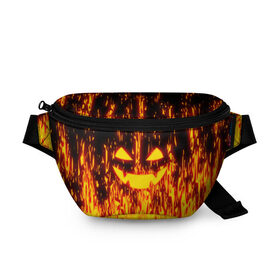 Поясная сумка 3D с принтом FIRE PUMPKIN в Курске, 100% полиэстер | плотная ткань, ремень с регулируемой длиной, внутри несколько карманов для мелочей, основное отделение и карман с обратной стороны сумки застегиваются на молнию | fire | halloween | искры | огонь | праздник | тыква | хэллоуин
