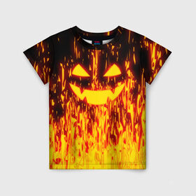 Детская футболка 3D с принтом FIRE PUMPKIN в Курске, 100% гипоаллергенный полиэфир | прямой крой, круглый вырез горловины, длина до линии бедер, чуть спущенное плечо, ткань немного тянется | fire | halloween | искры | огонь | праздник | тыква | хэллоуин