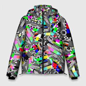Мужская зимняя куртка 3D с принтом Экран профилактики в Курске, верх — 100% полиэстер; подкладка — 100% полиэстер; утеплитель — 100% полиэстер | длина ниже бедра, свободный силуэт Оверсайз. Есть воротник-стойка, отстегивающийся капюшон и ветрозащитная планка. 

Боковые карманы с листочкой на кнопках и внутренний карман на молнии. | абстракция | геометрия | настройка | паттрен | писк | профилактика | сигнал | таблица | телевидение | телевизор | цвет