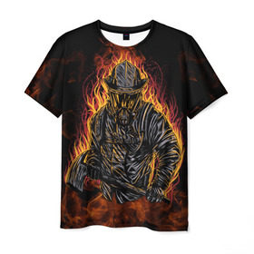 Мужская футболка 3D с принтом Пожарный в Курске, 100% полиэфир | прямой крой, круглый вырез горловины, длина до линии бедер | 112 | каска | мужик | мчс | огонь | пламя | пожар | пожарник | спасатель | топор | тушить | шлем | щит