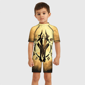 Детский купальный костюм 3D с принтом Darksiders LOGO в Курске, Полиэстер 85%, Спандекс 15% | застежка на молнии на спине | playstation | иероглифы | логотип | эмблема. знак | ярость