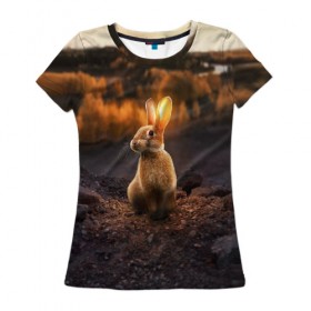 Женская футболка 3D с принтом Солнечный зайчик в Курске, 100% полиэфир ( синтетическое хлопкоподобное полотно) | прямой крой, круглый вырез горловины, длина до линии бедер | заяц | кролик | лес | пейзаж | поле | природа | пушистый | солнце | уши