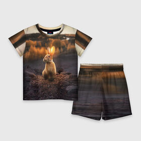 Детский костюм с шортами 3D с принтом Солнечный зайчик в Курске,  |  | заяц | кролик | лес | пейзаж | поле | природа | пушистый | солнце | уши