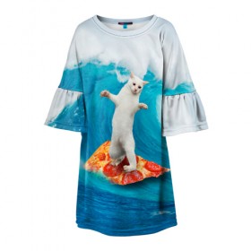 Детское платье 3D с принтом Кот Серфер в Курске, 100% полиэстер | прямой силуэт, чуть расширенный к низу. Круглая горловина, на рукавах — воланы | cat | fast | fastfood | food | meme | party | pizza | sea | serf | wave | вечеринка | волна | еда | кошак | кошка | мем | море | пицца | серф | фастфуд