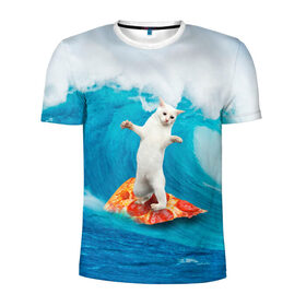 Мужская футболка 3D спортивная с принтом Кот Серфер в Курске, 100% полиэстер с улучшенными характеристиками | приталенный силуэт, круглая горловина, широкие плечи, сужается к линии бедра | Тематика изображения на принте: cat | fast | fastfood | food | meme | party | pizza | sea | serf | wave | вечеринка | волна | еда | кошак | кошка | мем | море | пицца | серф | фастфуд
