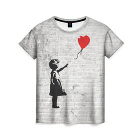 Женская футболка 3D с принтом Бэнкси: Девочка с Шаром в Курске, 100% полиэфир ( синтетическое хлопкоподобное полотно) | прямой крой, круглый вырез горловины, длина до линии бедер | art | balloon | banksy | culture | girl | graffity | heart | hearts | red | арт | бэнкси | граффити | девочка | девочка с шаром | красный | красным | культура | сердечки | сердечко | сердце | стрит | шар | шарик | шариком