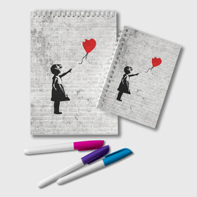 Блокнот с принтом Бэнкси Девочка с Шаром в Курске, 100% бумага | 48 листов, плотность листов — 60 г/м2, плотность картонной обложки — 250 г/м2. Листы скреплены удобной пружинной спиралью. Цвет линий — светло-серый
 | Тематика изображения на принте: art | balloon | banksy | culture | girl | graffity | heart | hearts | red | арт | бэнкси | граффити | девочка | девочка с шаром | красный | красным | культура | сердечки | сердечко | сердце | стрит | шар | шарик | шариком
