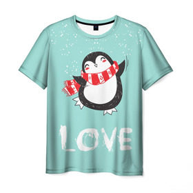 Мужская футболка 3D с принтом Пингвин LOVE в Курске, 100% полиэфир | прямой крой, круглый вырез горловины, длина до линии бедер | linux | детская | зима | зимняя | лёд | новый год | пингвин | пингвин в снегу | пингвин в шарфе | пингвин любовь | пингвинчик | пингвины | северный полюс | снег | холод