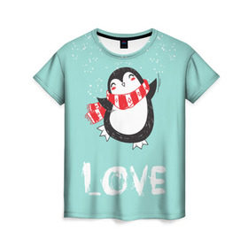 Женская футболка 3D с принтом Пингвин LOVE в Курске, 100% полиэфир ( синтетическое хлопкоподобное полотно) | прямой крой, круглый вырез горловины, длина до линии бедер | linux | детская | зима | зимняя | лёд | новый год | пингвин | пингвин в снегу | пингвин в шарфе | пингвин любовь | пингвинчик | пингвины | северный полюс | снег | холод