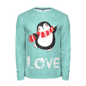 Мужской лонгслив 3D с принтом Пингвин LOVE в Курске, 100% полиэстер | длинные рукава, круглый вырез горловины, полуприлегающий силуэт | linux | детская | зима | зимняя | лёд | новый год | пингвин | пингвин в снегу | пингвин в шарфе | пингвин любовь | пингвинчик | пингвины | северный полюс | снег | холод