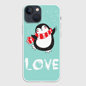 Чехол для iPhone 13 mini с принтом Пингвин LOVE в Курске,  |  | linux | детская | зима | зимняя | лёд | новый год | пингвин | пингвин в снегу | пингвин в шарфе | пингвин любовь | пингвинчик | пингвины | северный полюс | снег | холод