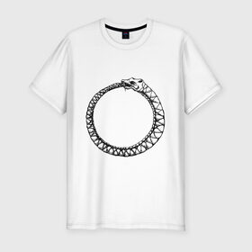 Мужская футболка премиум с принтом Уроборос в Курске, 92% хлопок, 8% лайкра | приталенный силуэт, круглый вырез ворота, длина до линии бедра, короткий рукав | алхимия | бесконечность | вечность | дракон | змей | мифология | символ | уроборос | эпос