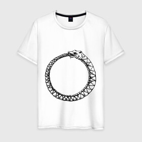 Мужская футболка хлопок с принтом Уроборос в Курске, 100% хлопок | прямой крой, круглый вырез горловины, длина до линии бедер, слегка спущенное плечо. | алхимия | бесконечность | вечность | дракон | змей | мифология | символ | уроборос | эпос