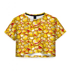 Женская футболка 3D укороченная с принтом Много смайликов в Курске, 100% полиэстер | круглая горловина, длина футболки до линии талии, рукава с отворотами | 