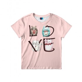 Детская футболка 3D с принтом LOVE зверушки в Курске, 100% гипоаллергенный полиэфир | прямой крой, круглый вырез горловины, длина до линии бедер, чуть спущенное плечо, ткань немного тянется | love
