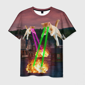 Мужская футболка 3D с принтом Кошачья Атака! в Курске, 100% полиэфир | прямой крой, круглый вырез горловины, длина до линии бедер | attack | bomb | cat | lazer | meme | neon | party | вечеринка | взрыв | коты | кошак | кошка | лазер | мем | неон | огонь
