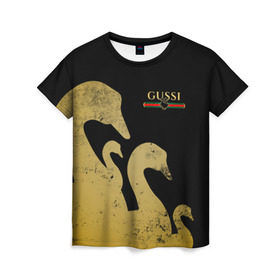 Женская футболка 3D с принтом GUSSI GOLD в Курске, 100% полиэфир ( синтетическое хлопкоподобное полотно) | прямой крой, круглый вырез горловины, длина до линии бедер | fasion | gold | gucci | gussi | trend | гусси | гуччи | золото | золотой | мода | одежда | тренд | тренды