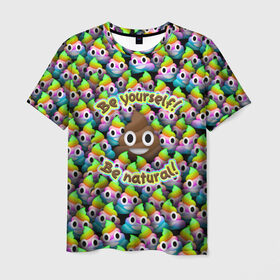 Мужская футболка 3D с принтом Be yourself в Курске, 100% полиэфир | прямой крой, круглый вырез горловины, длина до линии бедер | Тематика изображения на принте: be natural | emoji | poop | будь собой | паттрен | радуга | радужная | смайлик | толпа | эмоджи | эмодзи