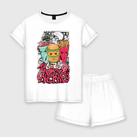 Женская пижама с шортиками хлопок с принтом Angry Food в Курске, 100% хлопок | футболка прямого кроя, шорты свободные с широкой мягкой резинкой | бургер | газировка | граффити | еда | картошка | крест | рок | череп