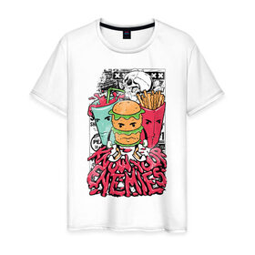 Мужская футболка хлопок с принтом Angry Food в Курске, 100% хлопок | прямой крой, круглый вырез горловины, длина до линии бедер, слегка спущенное плечо. | бургер | газировка | граффити | еда | картошка | крест | рок | череп