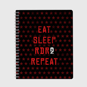 Тетрадь с принтом Eat Sleep RDR2 Repeat в Курске, 100% бумага | 48 листов, плотность листов — 60 г/м2, плотность картонной обложки — 250 г/м2. Листы скреплены сбоку удобной пружинной спиралью. Уголки страниц и обложки скругленные. Цвет линий — светло-серый
 | dead | die | eat | flag | game | games | gta | rdr | rdr2 | red | redemption | repeat | rockstar | sleep | sun | western | вестерн | выкуп | гта | дикий | запад | игра | игры | красный | мертвый | рдр | рдр2 | рокстар | солнце
