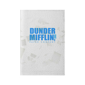 Обложка для паспорта матовая кожа с принтом Dunder Mifflin (The Office) в Курске, натуральная матовая кожа | размер 19,3 х 13,7 см; прозрачные пластиковые крепления | company | dunder | inc | mifflin | office | paper | the | бумага | бумаги | бумажная | дандер | компания | контора | корпорация | листочки | листы | лого | логотип | миффлин | офис | оффис | сериал | сериалы | символ | синий