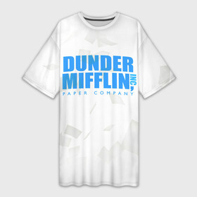 Платье-футболка 3D с принтом Dunder Mifflin (The Office) в Курске,  |  | company | dunder | inc | mifflin | office | paper | the | бумага | бумаги | бумажная | дандер | компания | контора | корпорация | листочки | листы | лого | логотип | миффлин | офис | оффис | сериал | сериалы | символ | синий