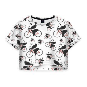 Женская футболка Cropp-top с принтом Панды На Велосипеде в Курске, 100% полиэстер | круглая горловина, длина футболки до линии талии, рукава с отворотами | велосипед | мишки | панда | паттерн