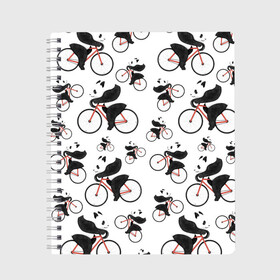 Тетрадь с принтом Панды На Велосипеде в Курске, 100% бумага | 48 листов, плотность листов — 60 г/м2, плотность картонной обложки — 250 г/м2. Листы скреплены сбоку удобной пружинной спиралью. Уголки страниц и обложки скругленные. Цвет линий — светло-серый
 | велосипед | мишки | панда | паттерн