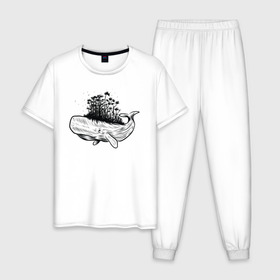 Мужская пижама хлопок с принтом Whale forest в Курске, 100% хлопок | брюки и футболка прямого кроя, без карманов, на брюках мягкая резинка на поясе и по низу штанин
 | абстракция | кит | лес | природа