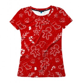 Женская футболка 3D с принтом Новогоднее настроение RED в Курске, 100% полиэфир ( синтетическое хлопкоподобное полотно) | прямой крой, круглый вырез горловины, длина до линии бедер | Тематика изображения на принте: настроение | новый год | печенье | подарки