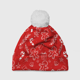 Шапка 3D c помпоном с принтом Новогоднее настроение RED в Курске, 100% полиэстер | универсальный размер, печать по всей поверхности изделия | настроение | новый год | печенье | подарки