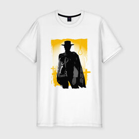 Мужская футболка премиум с принтом Клинт Иствуд в Курске, 92% хлопок, 8% лайкра | приталенный силуэт, круглый вырез ворота, длина до линии бедра, короткий рукав | актер | вестерн | дикий запад | кино | клинт иствуд | ковбой | солнце | стрелок | человек | шляпа