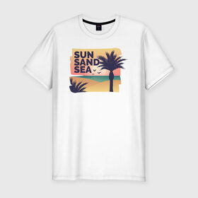 Мужская футболка хлопок Slim с принтом Солнце, песок, море в Курске, 92% хлопок, 8% лайкра | приталенный силуэт, круглый вырез ворота, длина до линии бедра, короткий рукав | лето | море | отдых | пальма | песок | пляж | путешествия | солнце