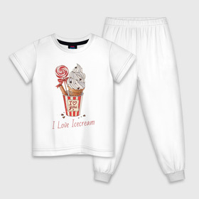Детская пижама хлопок с принтом I Love Icecream в Курске, 100% хлопок |  брюки и футболка прямого кроя, без карманов, на брюках мягкая резинка на поясе и по низу штанин
 | Тематика изображения на принте: icecream | любовь | мороженое | сладость