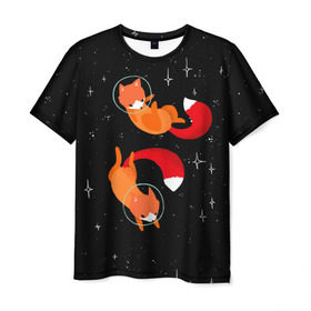 Мужская футболка 3D с принтом Лисички в Космосе в Курске, 100% полиэфир | прямой крой, круглый вырез горловины, длина до линии бедер | cute | fox | foxes | ginger | space | tail | забавная | космическая | космонавт | космонавты | космос | лис | лиса | лисица | лисицы | лисичка | лисички | лисы | милая | рыжая | рыжие | скафандр | смешная | фыр | хвост
