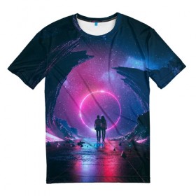 Мужская футболка 3D с принтом Любовь в космосе в Курске, 100% полиэфир | прямой крой, круглый вырез горловины, длина до линии бедер | космос | любовь | отношения | пара