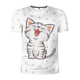 Мужская футболка 3D спортивная с принтом Милейший Котик в Курске, 100% полиэстер с улучшенными характеристиками | приталенный силуэт, круглая горловина, широкие плечи, сужается к линии бедра | Тематика изображения на принте: cat | cats | cute | kitten | kitty | pussy | smile | звезды | кот | котенок | котик | котики | коты | котята | кошечка | кошечки | кошка | кошки | милая | милота | милый | полосатый | смеется | улыбается | улыбака | улыбка