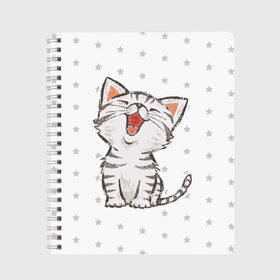 Тетрадь с принтом Милейший Котик в Курске, 100% бумага | 48 листов, плотность листов — 60 г/м2, плотность картонной обложки — 250 г/м2. Листы скреплены сбоку удобной пружинной спиралью. Уголки страниц и обложки скругленные. Цвет линий — светло-серый
 | Тематика изображения на принте: cat | cats | cute | kitten | kitty | pussy | smile | звезды | кот | котенок | котик | котики | коты | котята | кошечка | кошечки | кошка | кошки | милая | милота | милый | полосатый | смеется | улыбается | улыбака | улыбка